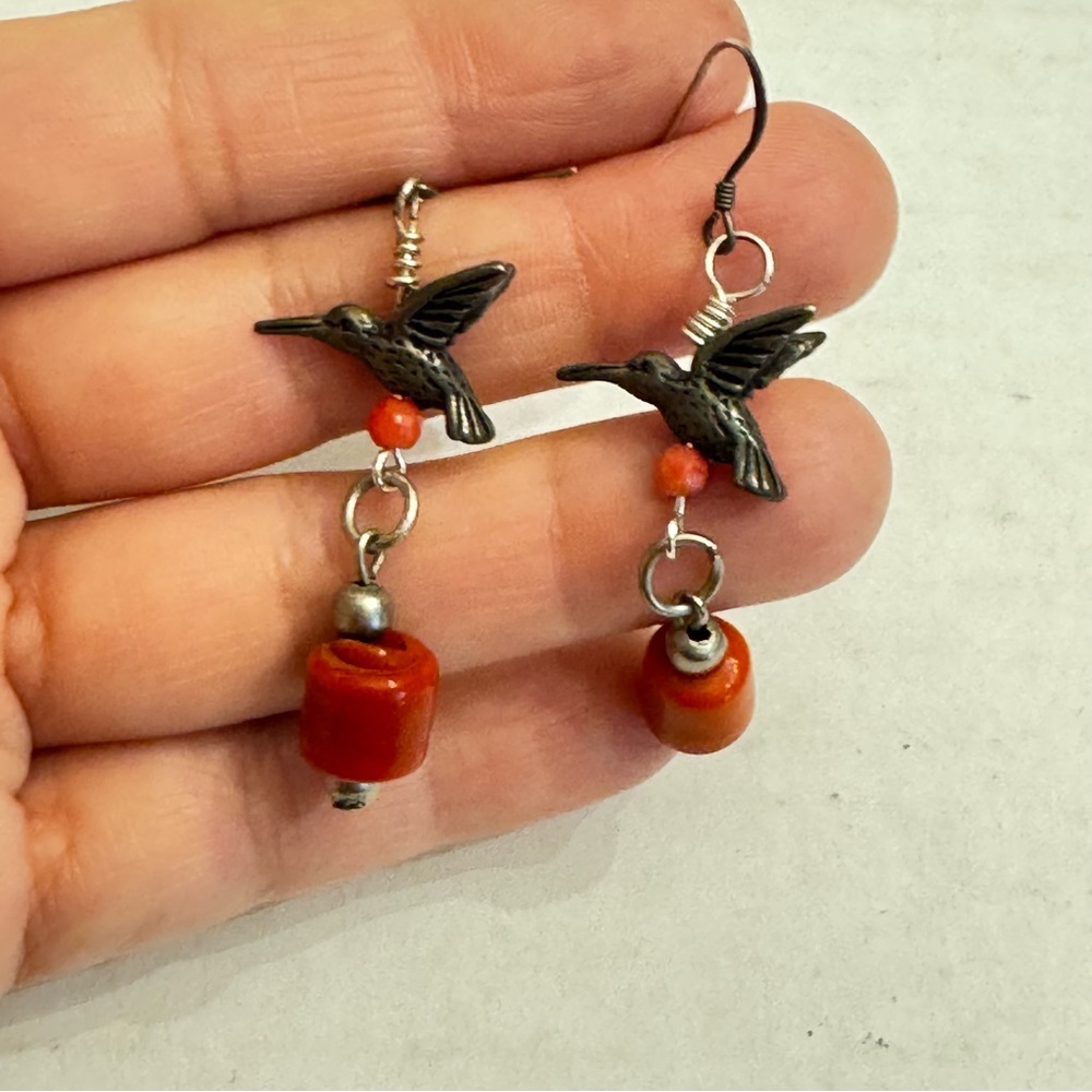 925 Sterling Silver Red Coral Hummingbird Vintage Dangle Earrings Birds Rare